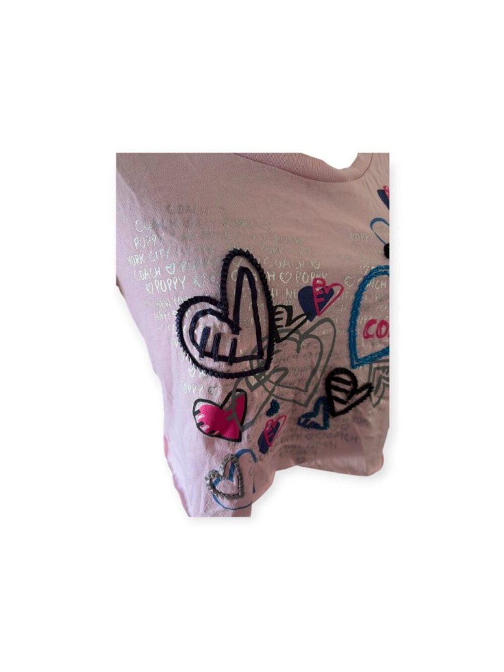 Vintage Coach Poppy Pink Heart Graphic Crop T-Shirt Womens S Rare Y2K Graffiti - Picture 9 of 14